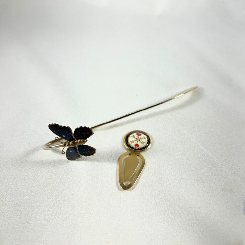 TWO SOLID BRASS BUTTERFLY BOOKMARKS 1 ENAMEL, 1 IN AMISH/DUTCH,  ENAMEL DESIGN